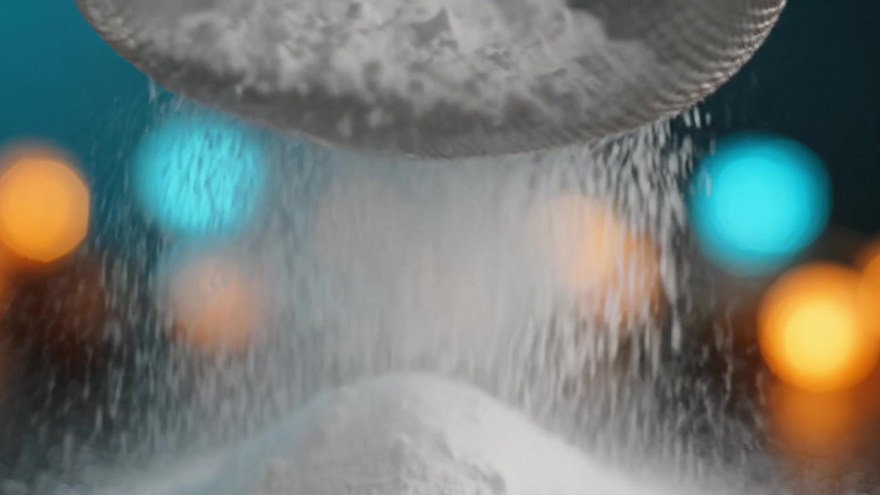 Affascinante processo al rallentatore di setacciatura della farina attraverso un colino a maglie fini su uno sfondo bokeh colorato, che crea un'esperienza visiva accattivante