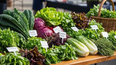 a colorful array of fresh, organic greens displayed at a local market, showcasing a variety of lettuce, herbs, and leafy vegetables in vibrant colors and textures