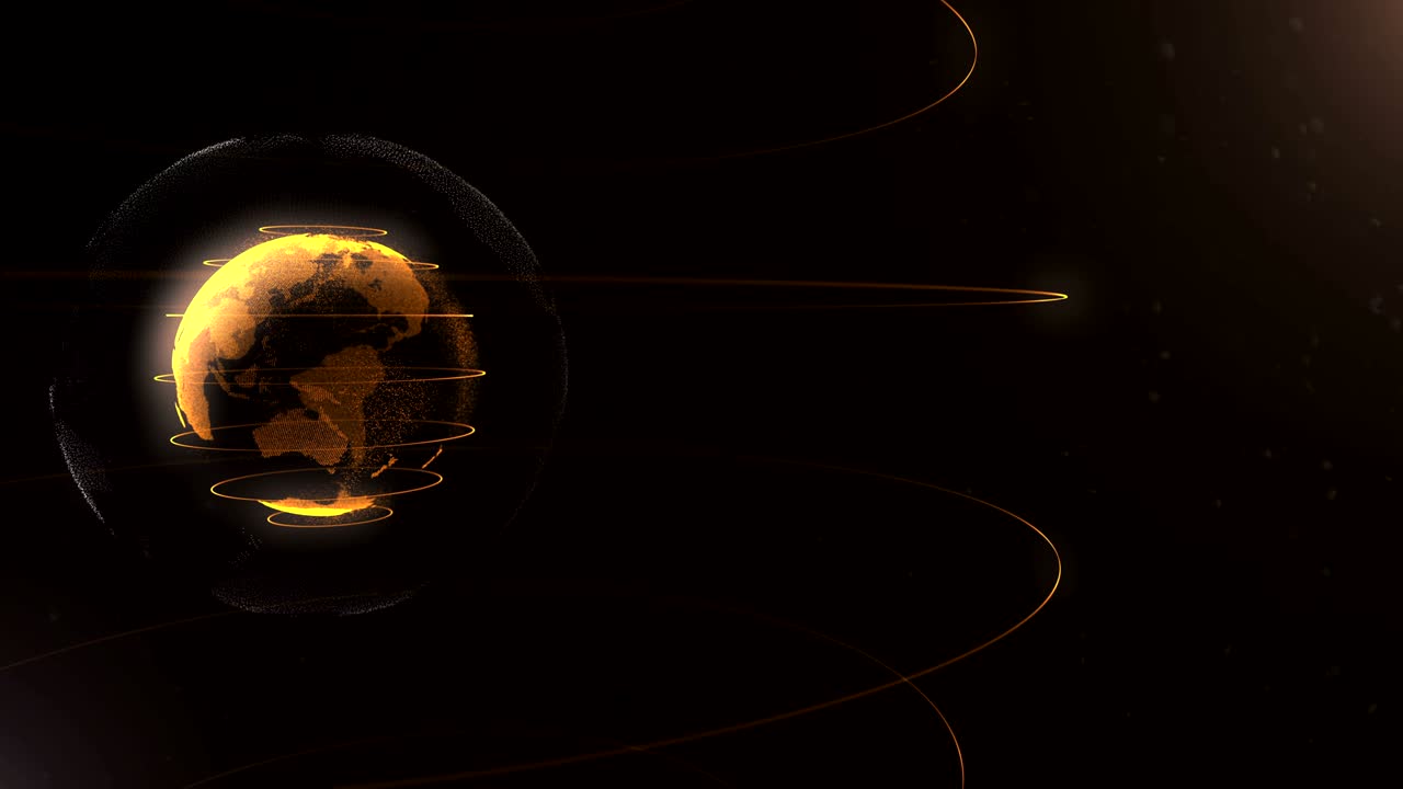 추상적인 입자: 색 베일드 안에 있는 황금색, 오렌지색 행성, 점들로 만들어진, 전체적으로 검은색, 배경에 작은 색 점, 구, 행성은 왼쪽에서 움직이고 있다.