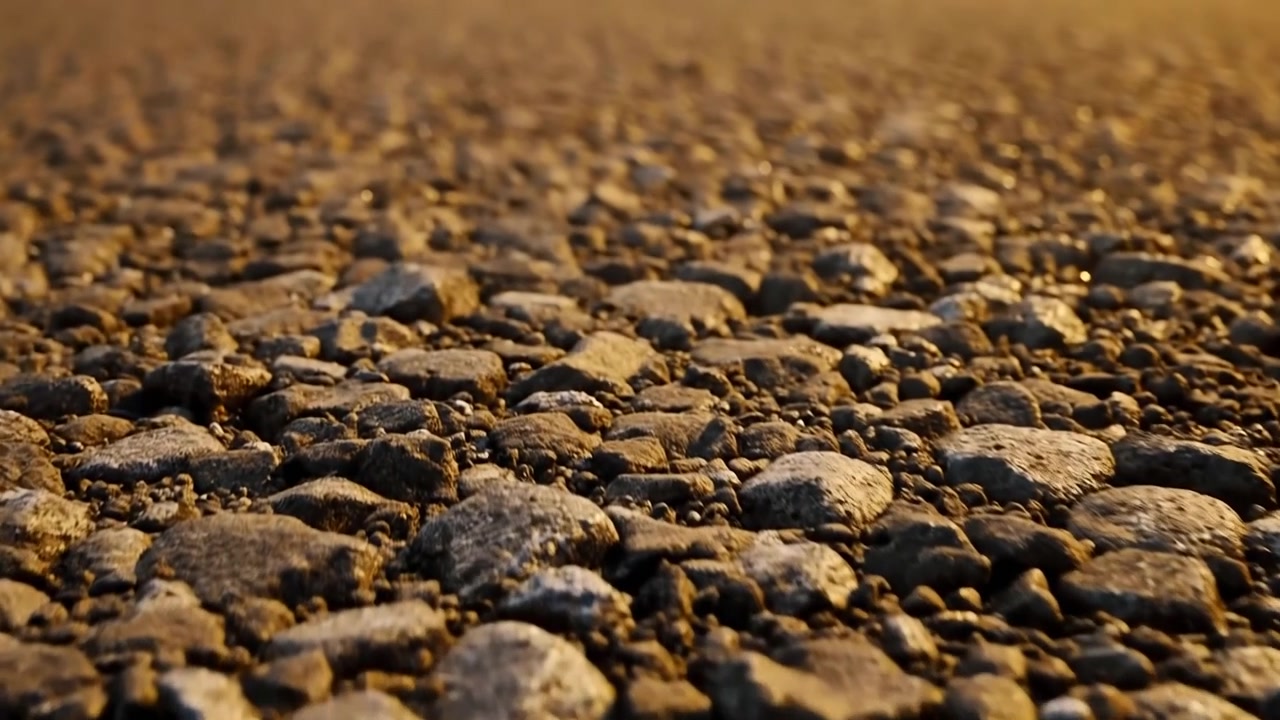 Vista em movimento próxima ao solo de paralelepípedos irregulares assentados em solo compactado e pequenas pedras, com detalhes nítidos em primeiro plano, desfoque suave em segundo plano, luz solar quente, textura rústica e superfície externa natural