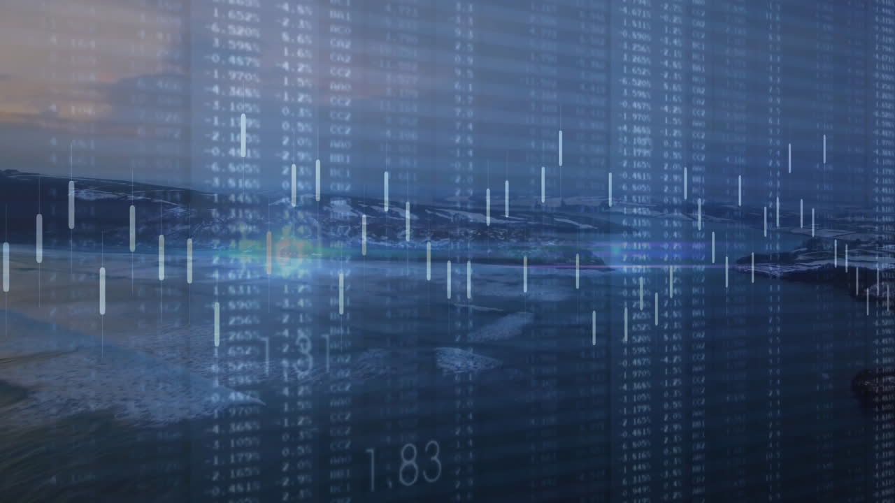 Financial chart overlay showing candlesticks and numbers floating over sea with mountains