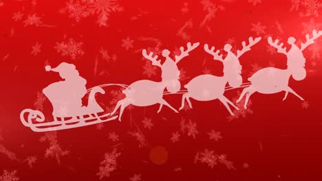 Animation-of-santa-claus-in-sleigh-with-reindeer-moving-over-falling-snow