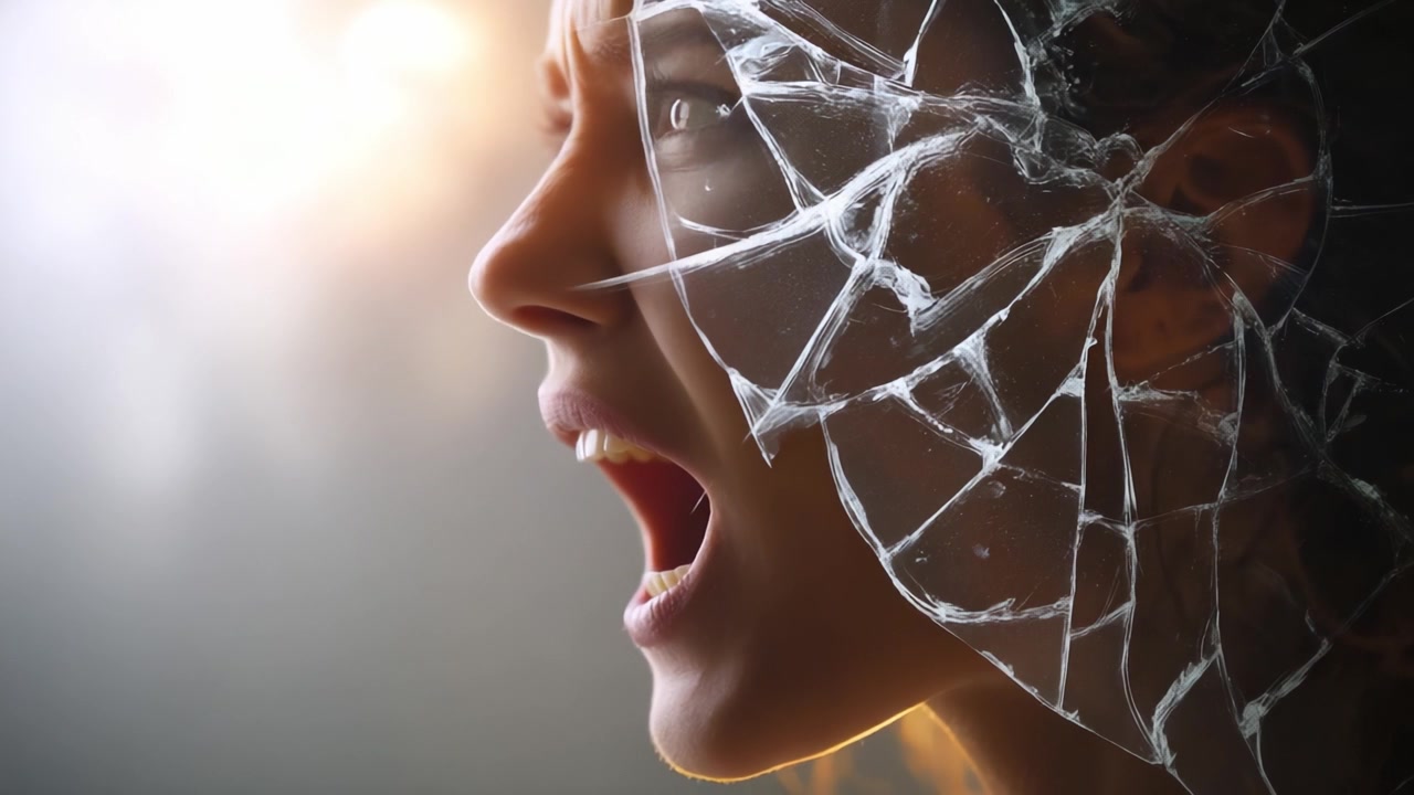 Un cri brisé : une image chargée d'émotion d'une femme exprimant une puissance brute et une tourmente à travers son visage marqué, évoquant la lutte entre force et fragilité.