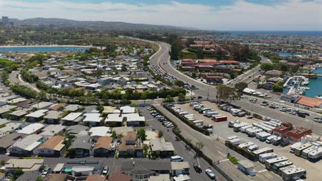 aerial view over pacific coast highway of newport beach, california