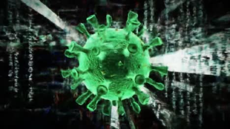 visual representation of a virus in a digital environment, highlighted by a green hue and surrounded by binary code, emphasizing the fusion of biology and technology