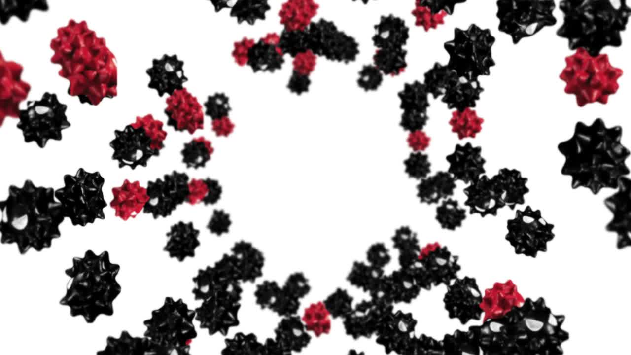 volando muchos virus en personaje de dibujos animados. rojo y negro. nueva cepa. variante. concepto médico. mascota de virus con enojado. animación de bucle 3d.