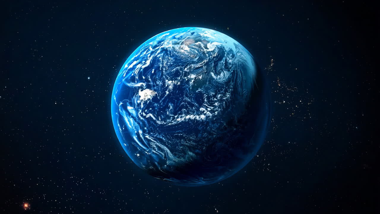 A blue planet in space. The planet is the size of a basketball. The sky is dark and the planet is the only object visible