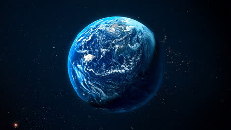 A blue planet in space. The planet is the size of a basketball. The sky is dark and the planet is the only object visible