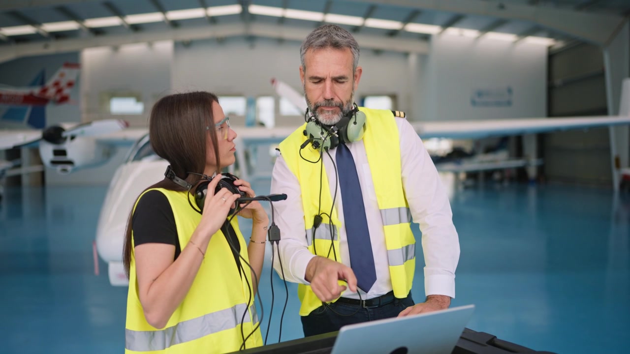 Team dell'aviazione che collabora al laptop in un hangar per aerei