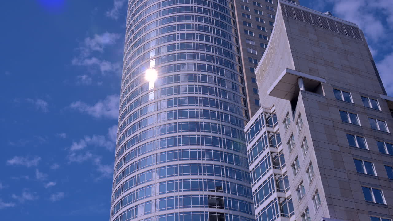 Low angle view of the Westend Tower skyscraper in Frankfurt, Germany