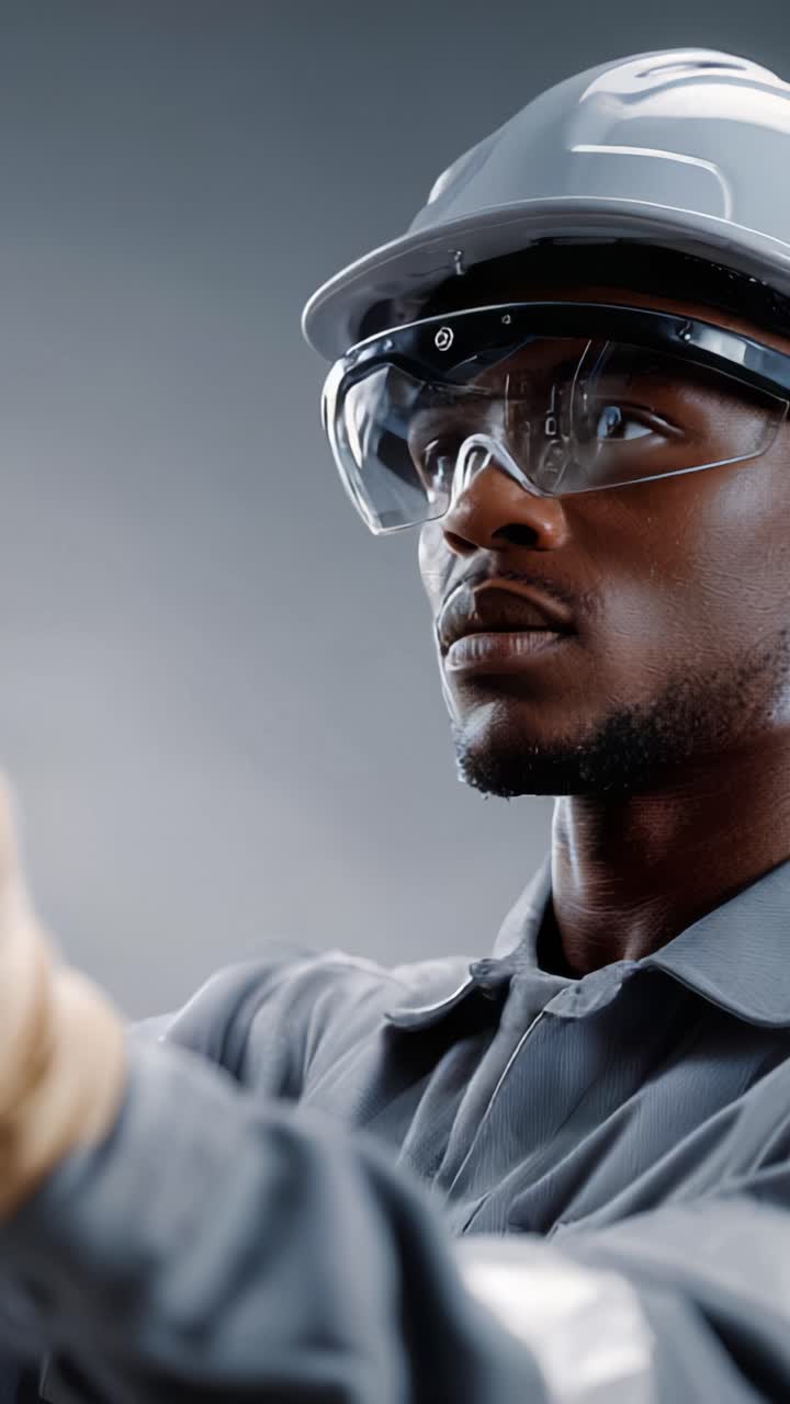 Focused Worker in Protective Gear Using Technology, Demonstrating Precision and Safety in a Professional Environment with a Determined Expression
