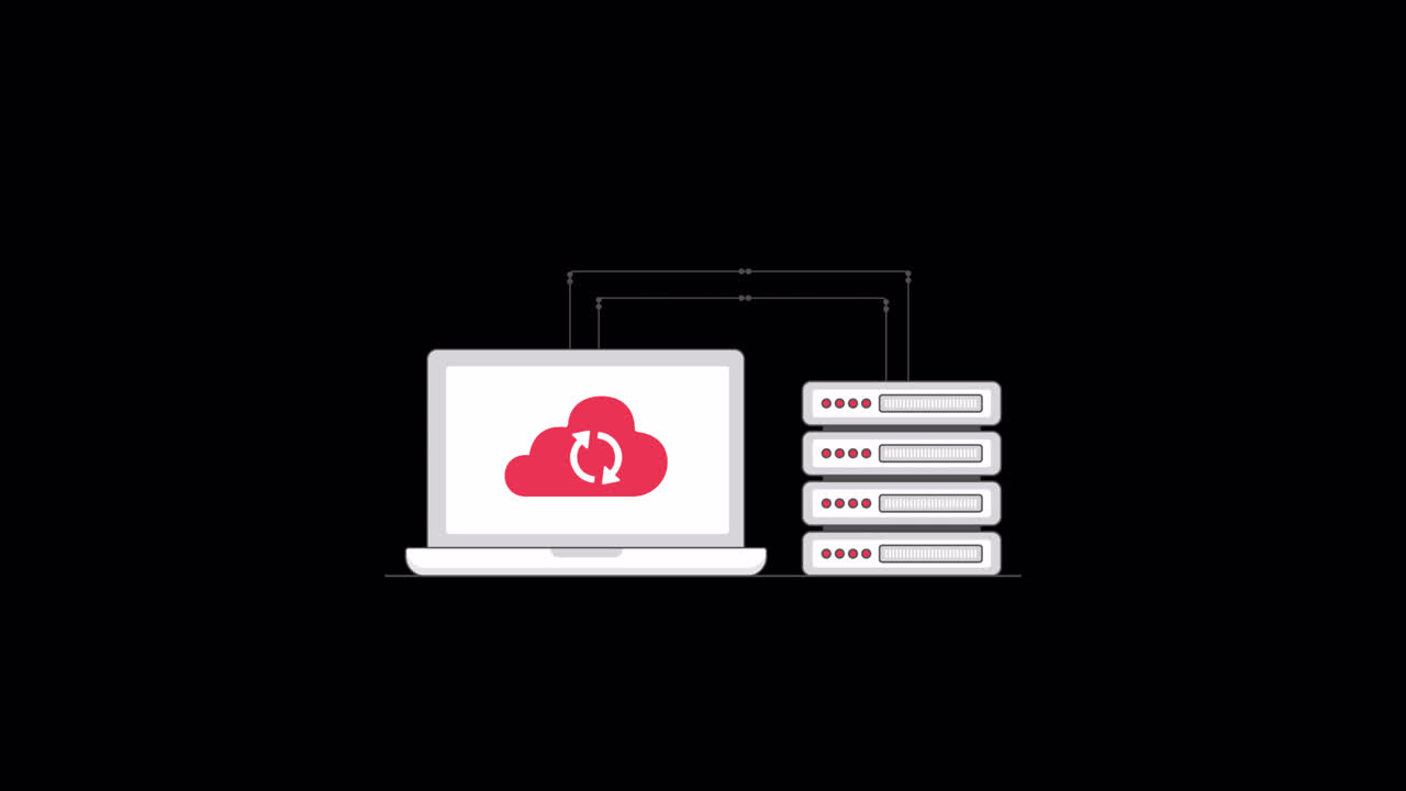 Animated Laptop Connecting to Server Racks with Cloud Sync Icon