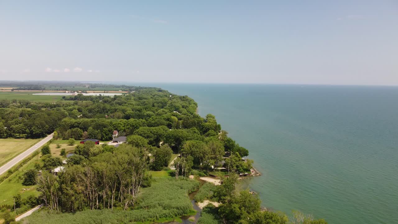 4K Aerial Drone Footage of Forests Alongside Lake Erie Shoreline