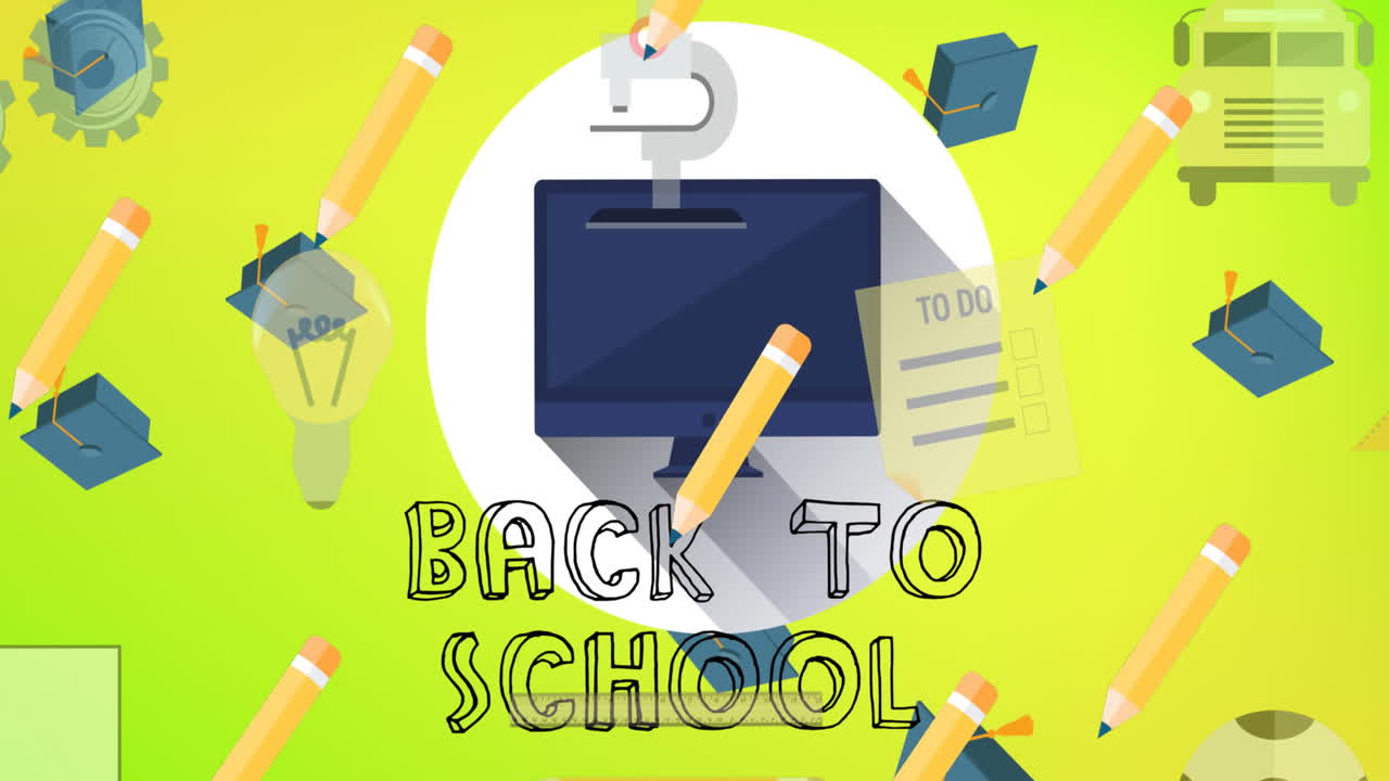 노란색 배경에 있는 학교 복귀 텍스트의 애니메이션