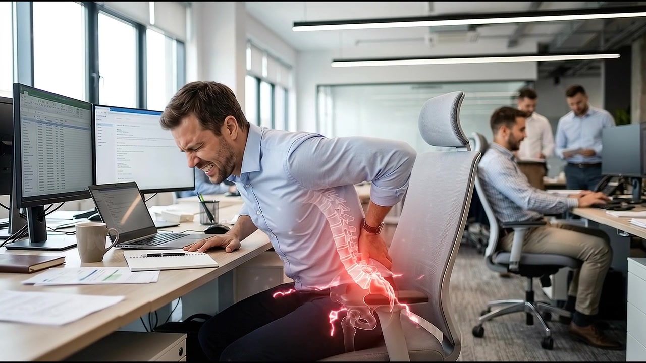 Office Worker Experiencing Back Pain While Sitting at Desk