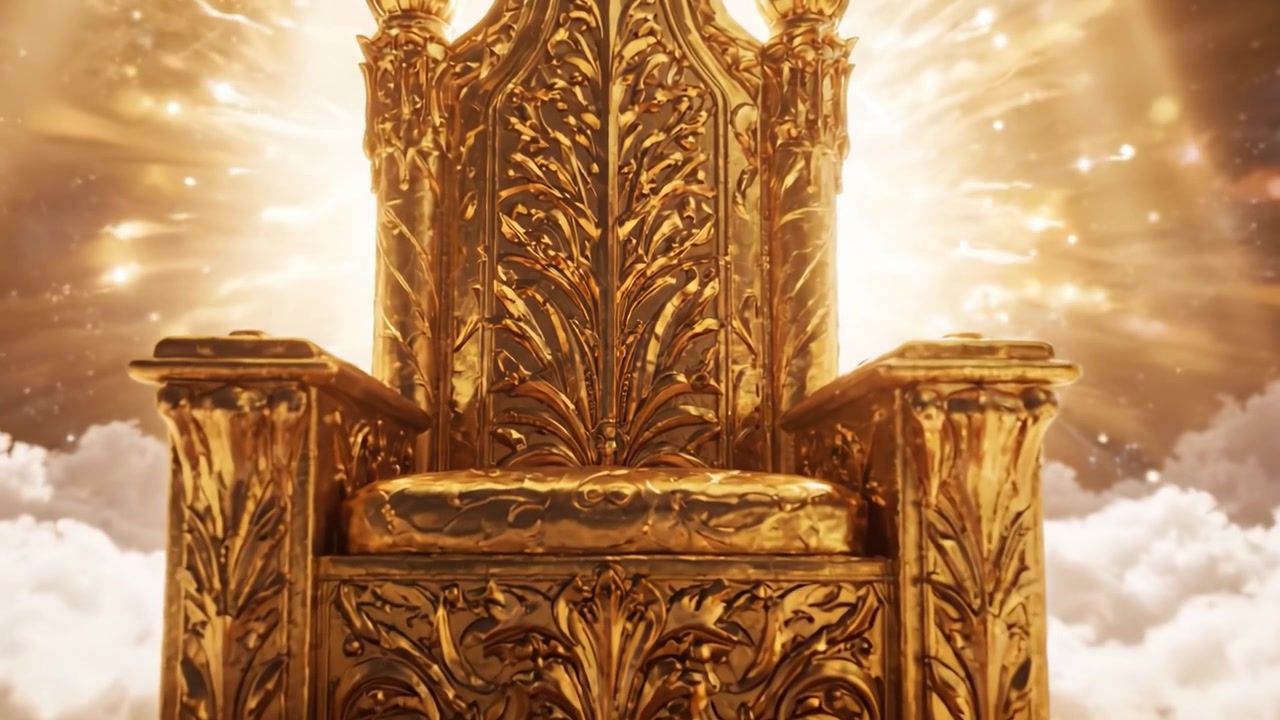Ein majestätischer goldener Thron, erleuchtet von strahlendem Licht, umgeben von Wolken, der Macht, Göttlichkeit und Souveränität in einem himmlischen Reich symbolisiert