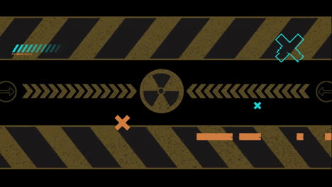 animación de formas en movimiento y símbolo nuclear sobre fondo negro.