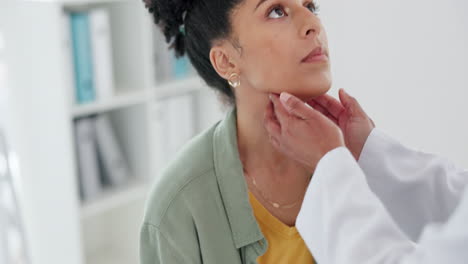 médico, manos y paciente para el chequeo del cuello