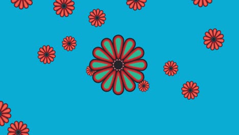 animación de múltiples flores rojas que se mueven sobre un fondo azul