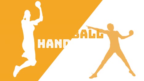 animation of handball text over two silhouettes of female handball players holding balls