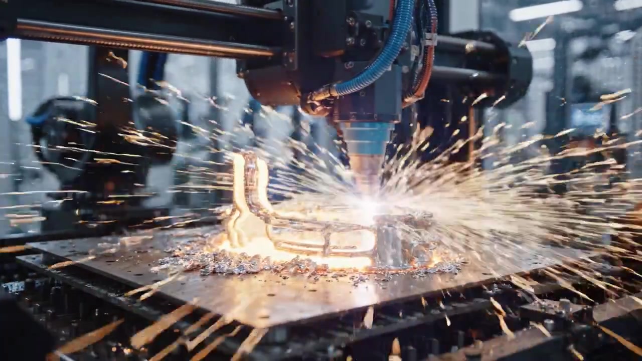 Gelişmiş Bir Üretim Tesisinde Parlayan Kıvılcımlar ve Parıldayan Metal Talaşlarıyla Endüstriyel Makinelerin İki Karesinde Yakalanan Dinamik Metal Kesme Süreci