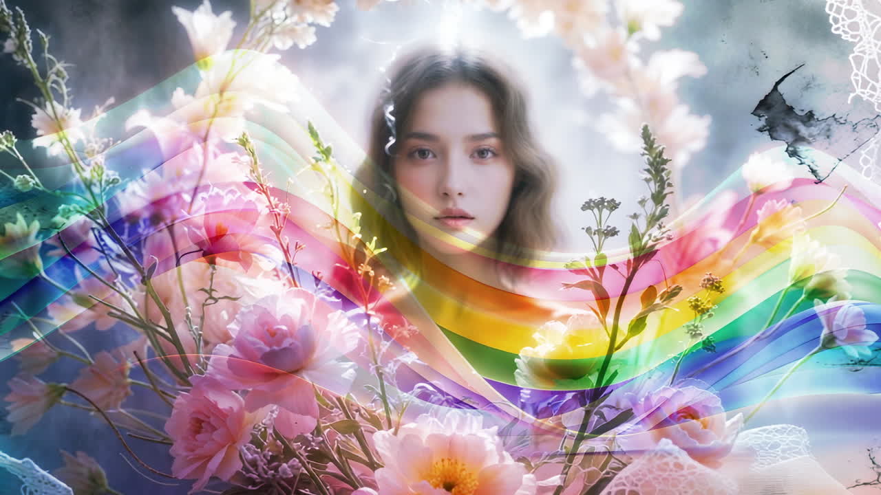 Dreamy Woman Amidst Flowers and Rainbow Light