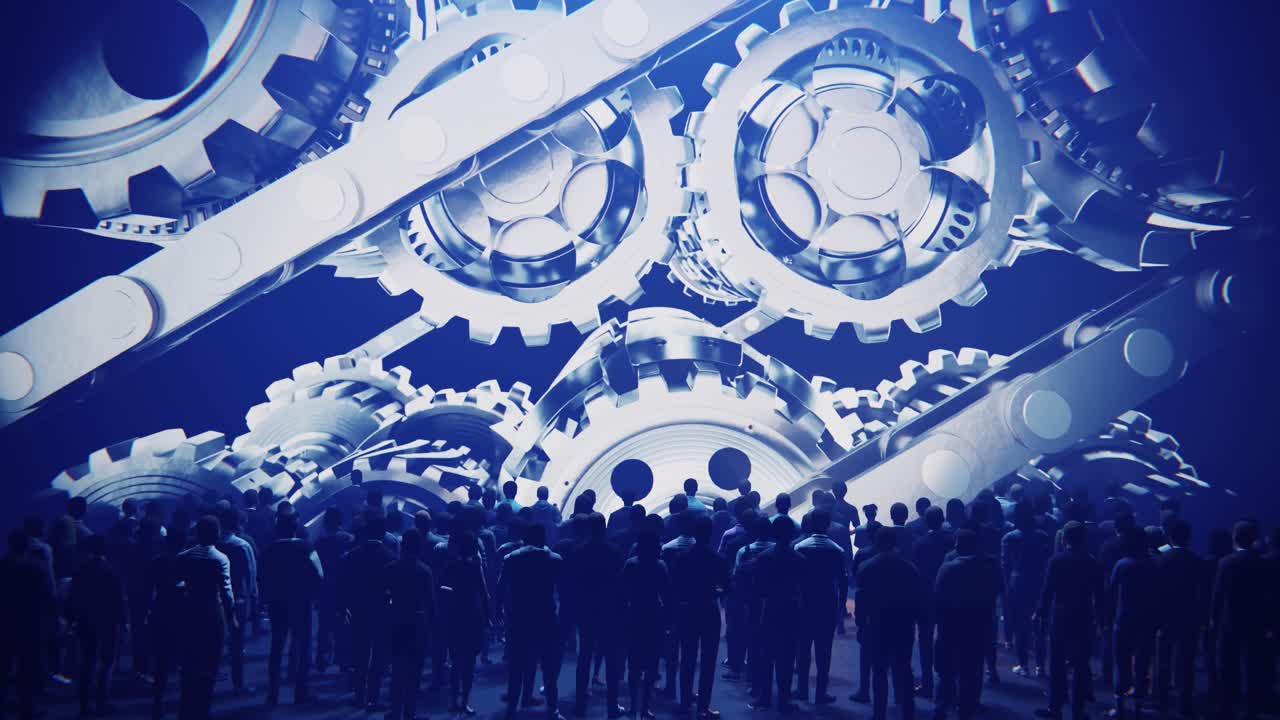 Crowd of People Watching Large Industrial Gears and Chains Rotate