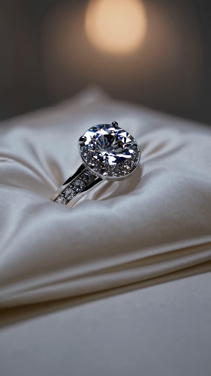 Close-up video of a diamond ring on satin fabric, showcasing elegance and luxury