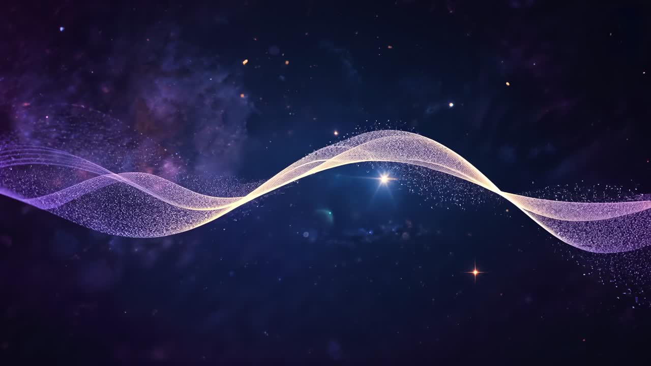 Starting frame1 particle ribbon undulating across space, forming wave, central flare pulsing