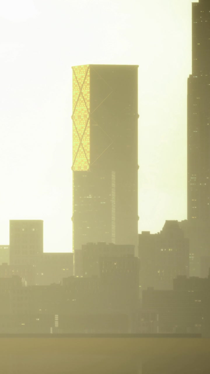 Silueta urbana con edificios al atardecer y luz dorada en el horizonte.