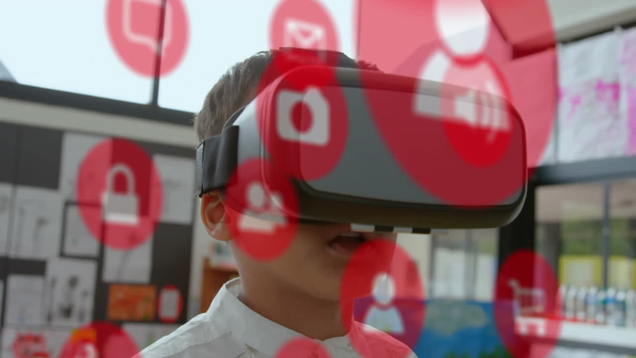animación de iconos de aplicaciones móviles sobre un niño caucásico mirando a través de un simulador de realidad virtual