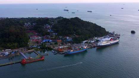 panoramic aerial of the port of balikpapan with dock oil tankers in kalimantan, indonesia