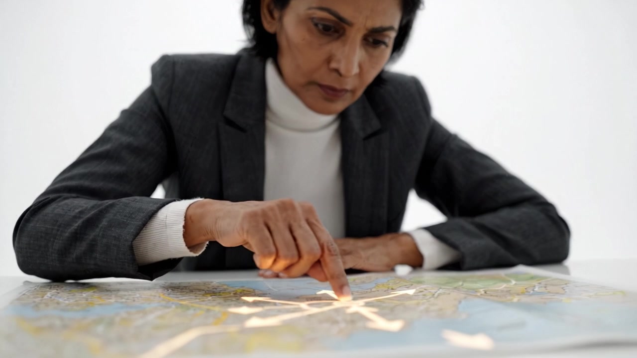 Un individuo concentrato studia una mappa dettagliata, tracciando percorsi e direzioni mentre è impegnato nella pianificazione strategica e nella navigazione in un ambiente professionale