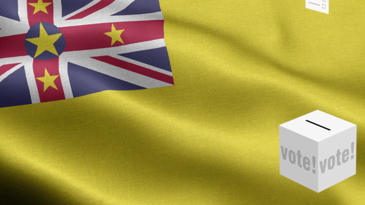 niue 선택을 위해 투표용지가 박스에 날아갑니다. - 발 앞에 투표용지가 있습니다. - 선거 - 투표 - niue의 발 - niue 발 높은 세부 사항 - 국가 발 niue 파동 패턴 루프 가능한 요소 - 직물 질감과 끝없는 루프