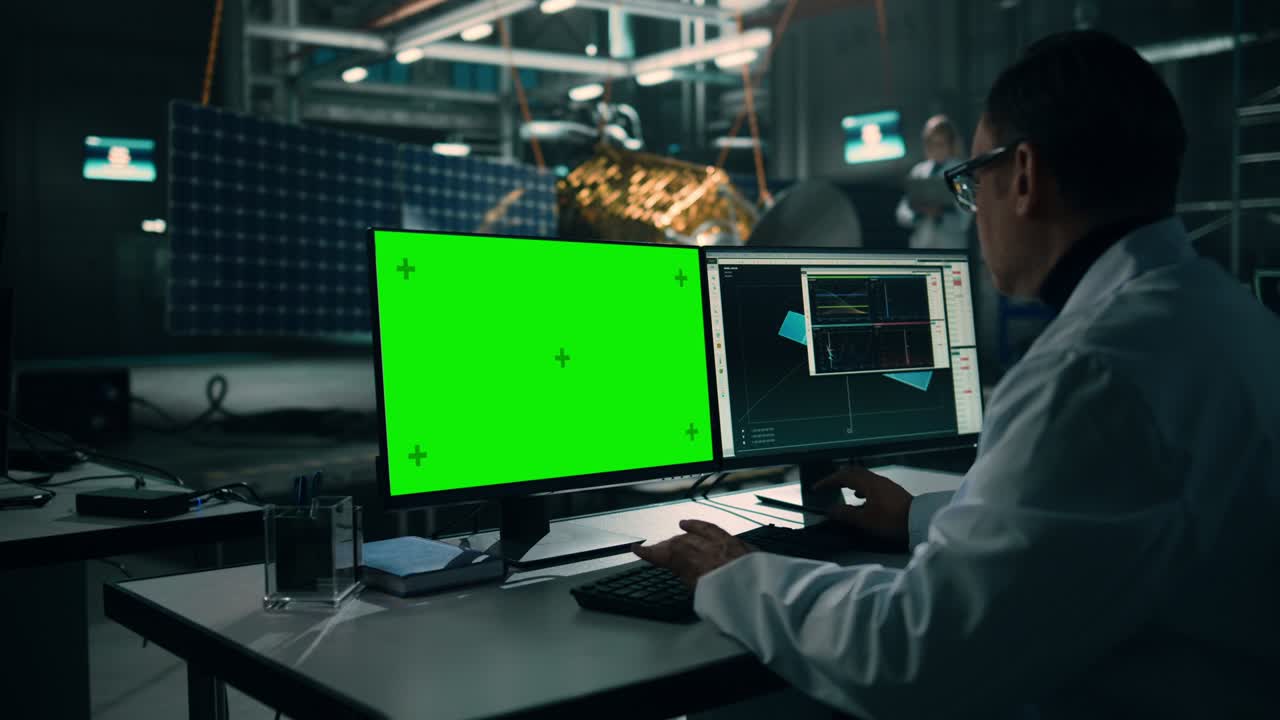 Male Engineer Uses Green Screen Mock Up Display Computer to Analyse Satellite. Aerospace Agency Manufacturing Facility: Scientists Develop, Assemble Spacecraft for Space Exploration Mission.
