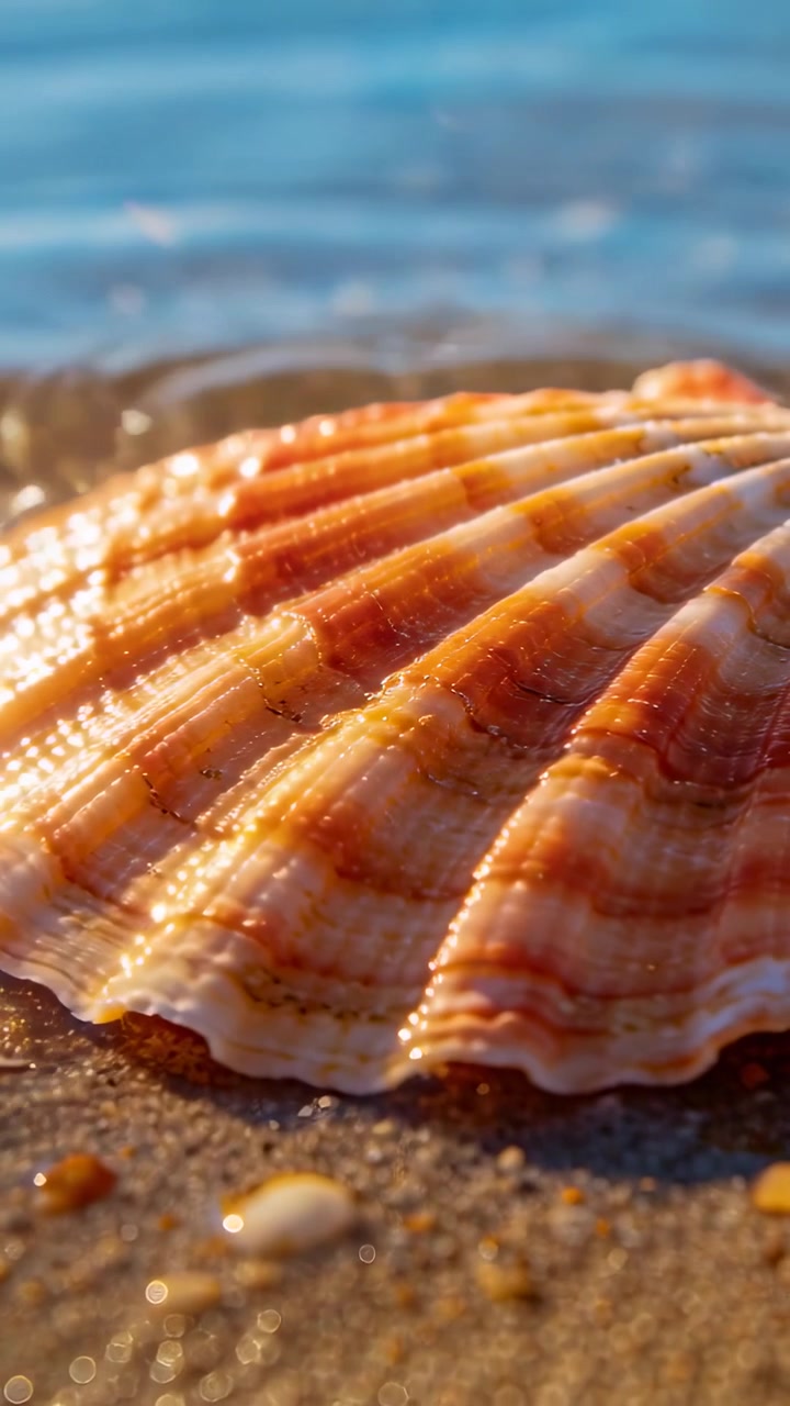 Vertical video: Advancing thin wave lapping scallop shell on damp sand, creating glossy ridges