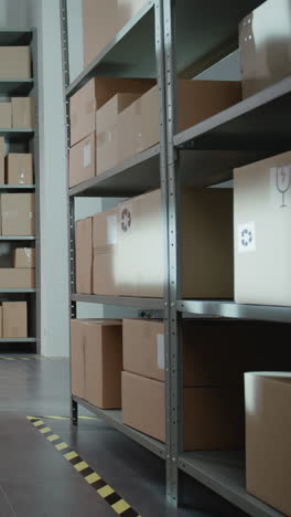 warehouse storage shelves with cardboard boxes