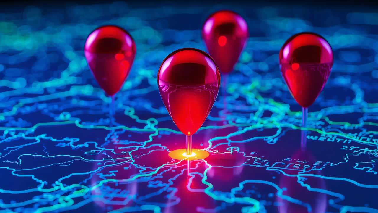 Pulsing glossy red pin sliding on neon map, hotspot brightening, emphasizing location focus