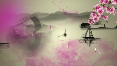 Mysterious-landscape-China's-traditional-Oriental-Digital-Art-animation,-Chinese-retro-painting-ink-misty-mountain-with-flowers,-tree,-birds,-river-in-fog-background