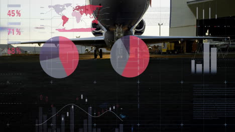 Animation-of-data-processing-and-diagrams-over-plane-at-airport