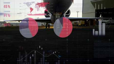 animación del procesamiento de datos y diagramas sobre el avión en el aeropuerto