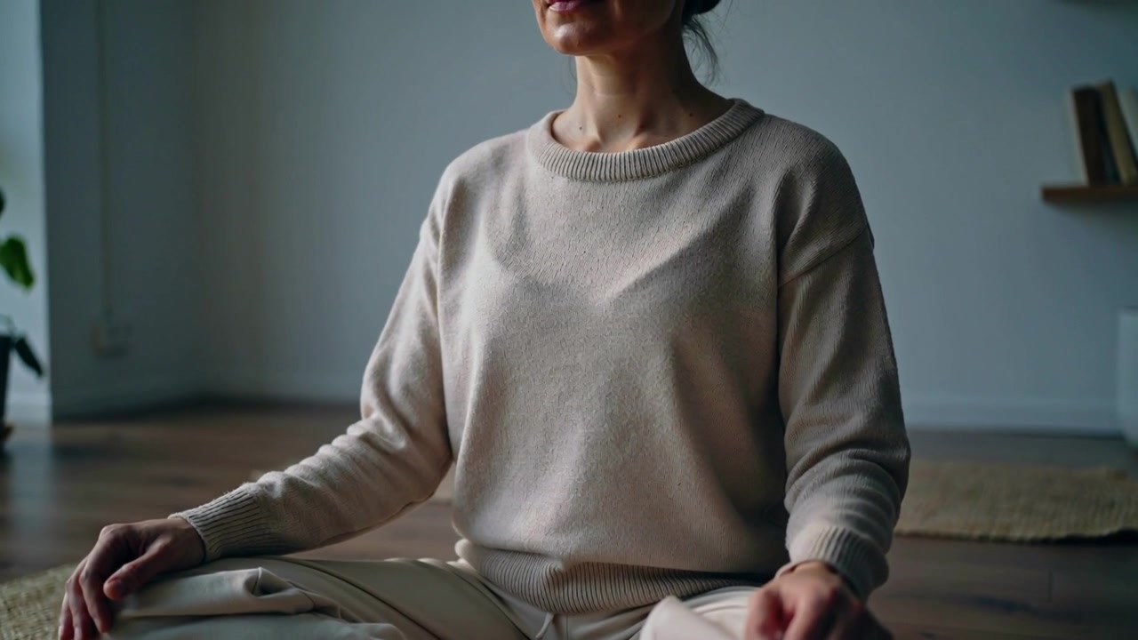 Kamera fährt näher heran, Frau sitzt atmend zur Meditation zu Hause in beigem Pullover auf einer Flechtmatte.