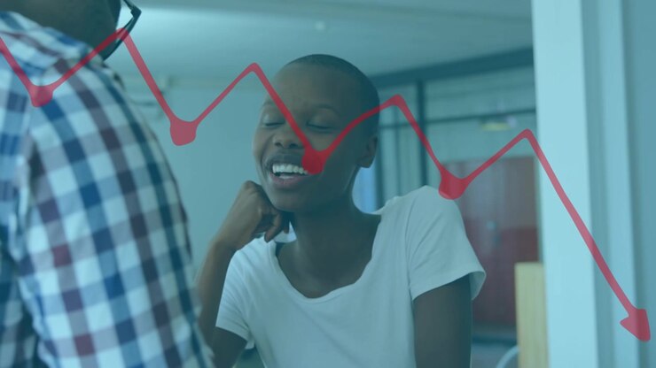 Animation of financial graphs over happy african american woman and man working in office