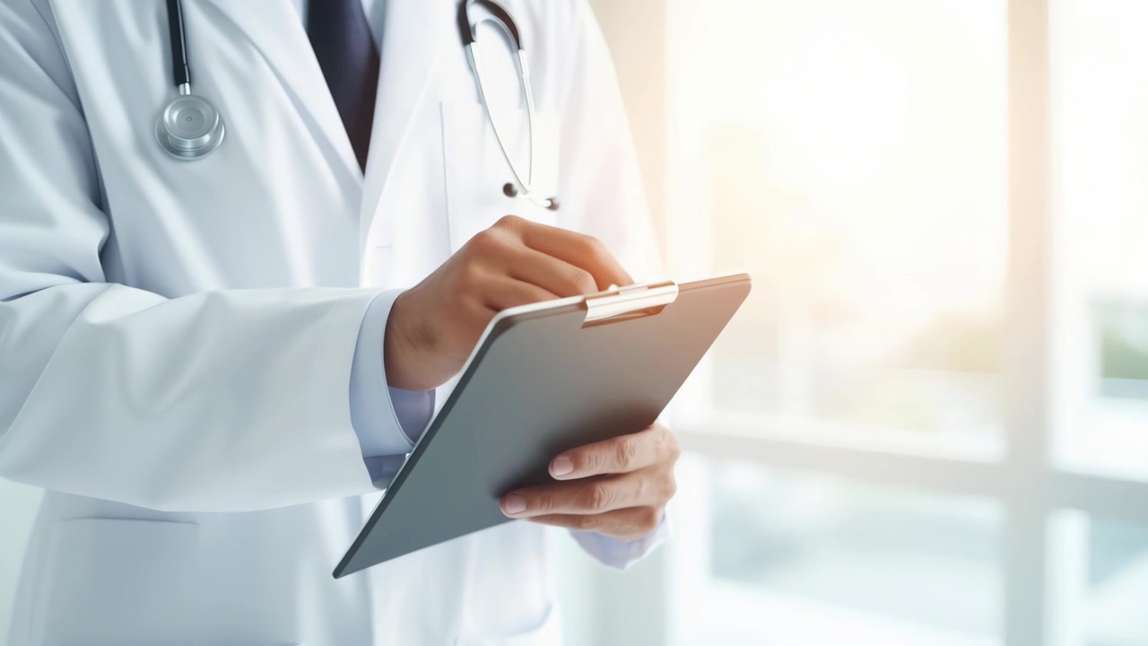 Medical Professional in Lab Coat Writing on Clipboard