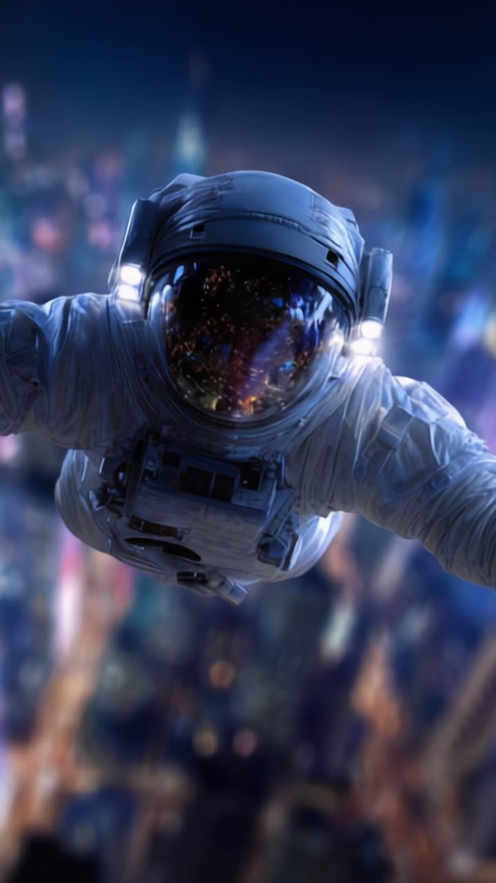 An astronaut glides through the vibrant, neon-lit cityscape, showcasing the stunning contrast between space exploration and the bustling urban environment below