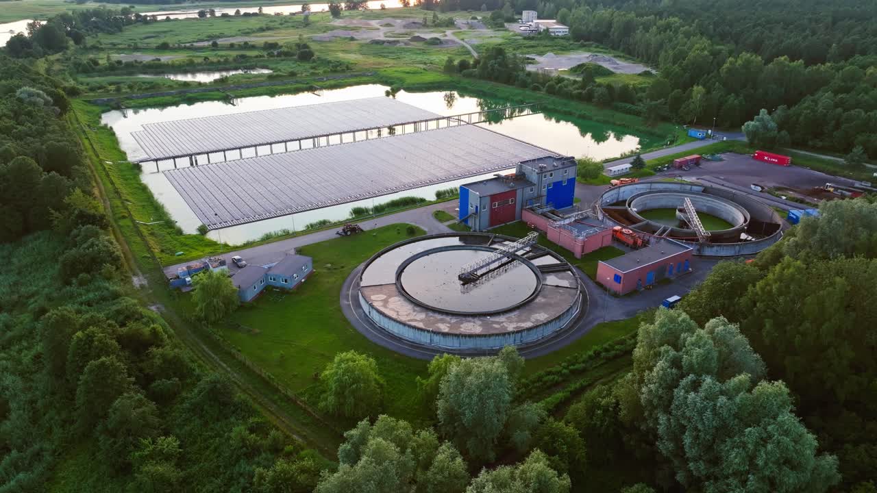 Floating solar panels and water treatment plant merge near Lielupe river, Latvia