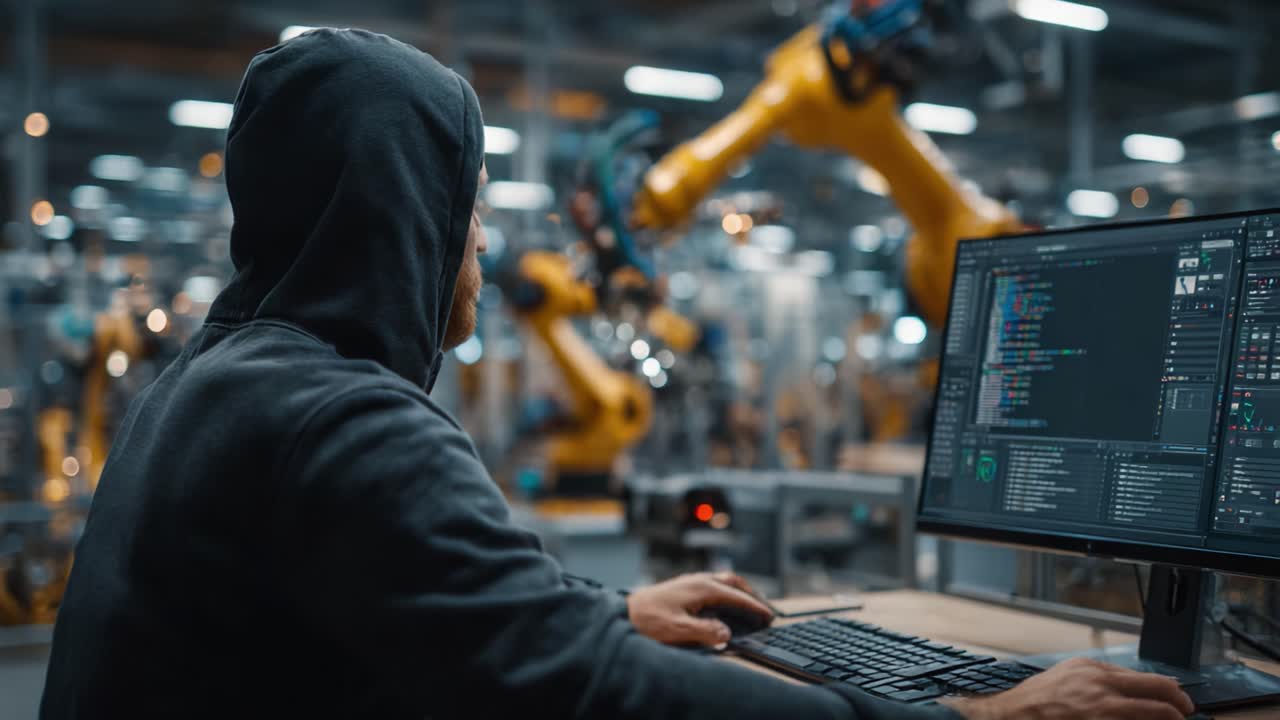 Innovative Programmer Analyzing Advanced Robotic Systems in a High-Tech Factory Environment with Cutting-Edge Automation Technology