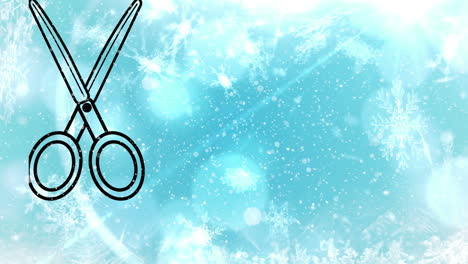 animation of black colored scissor with snowfall, snowflake and lens blurred effect