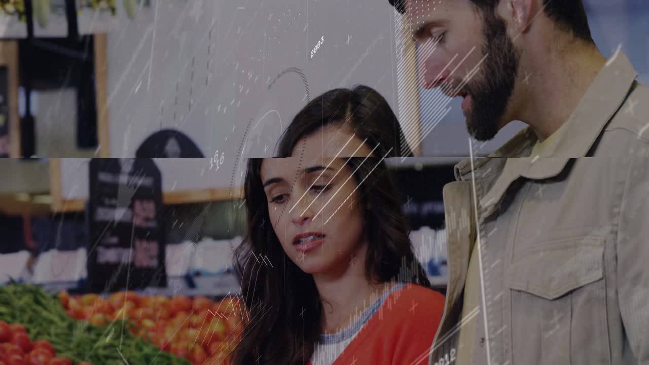 Shoppers deciding in grocery produce woman holding bell pepper while reading list waveforms showing