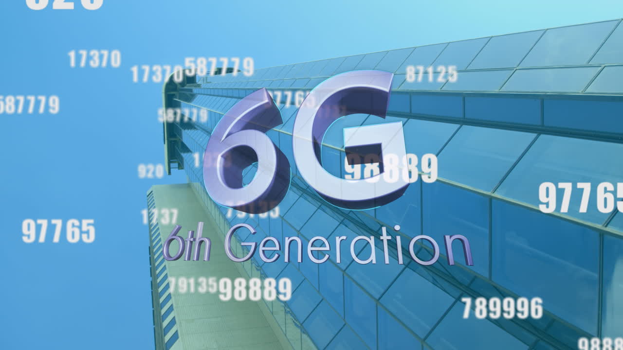 animación de texto de 6g sobre procesamiento de datos y paisaje urbano